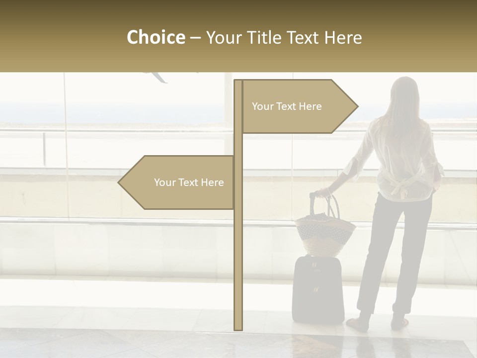 A Woman Standing In Front Of A Window With A Luggage Bag PowerPoint Template