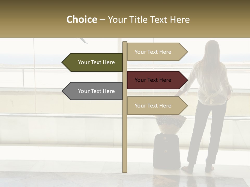 A Woman Standing In Front Of A Window With A Luggage Bag PowerPoint Template