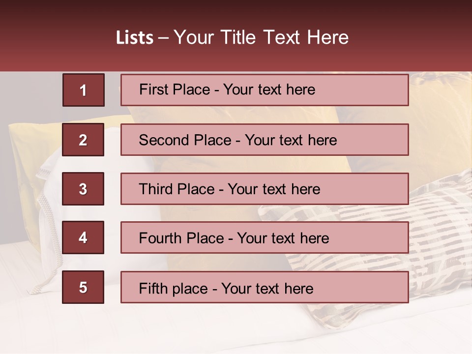 A Bed Topped With Lots Of Pillows Next To A Red Headboard PowerPoint Template