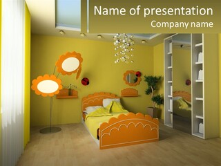 A Bedroom With Yellow Walls And A Bed PowerPoint Template