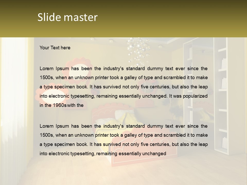 A Bedroom With Yellow Walls And A Bed PowerPoint Template