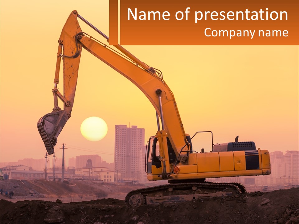 A Yellow Excavator On A Construction Site With A City In The Background PowerPoint Template