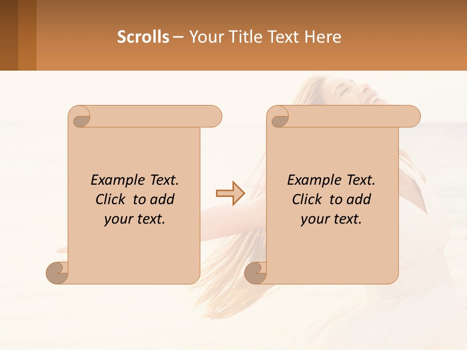 A Woman In A White Dress On The Beach With Her Arms Outstretched PowerPoint Template