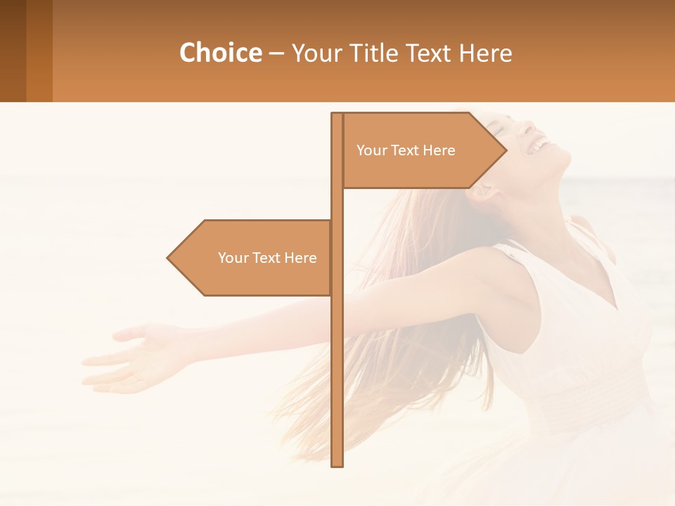 A Woman In A White Dress On The Beach With Her Arms Outstretched PowerPoint Template