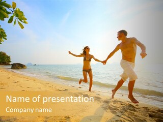 A Man And Woman Running On The Beach Holding Hands PowerPoint Template