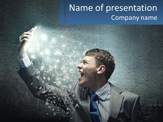 A Man In A Suit Is Holding A Light Bulb PowerPoint Template