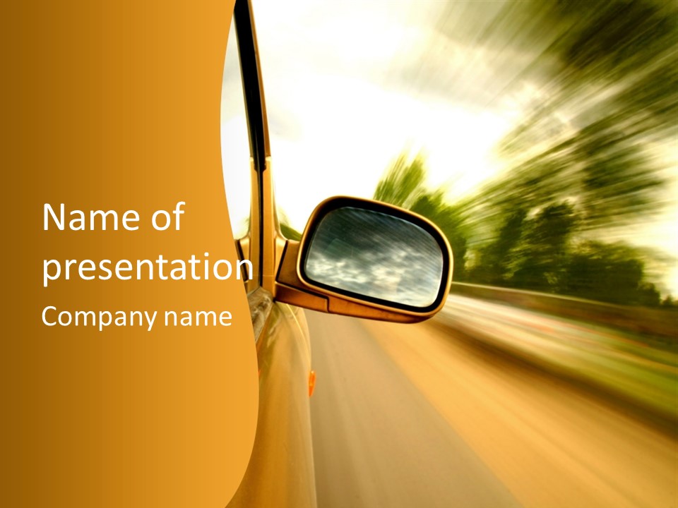A Car's Side View Mirror On The Side Of A Road PowerPoint Template