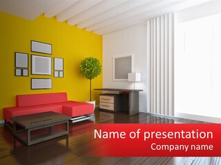 A Living Room With Yellow Walls And A Red Couch PowerPoint Template
