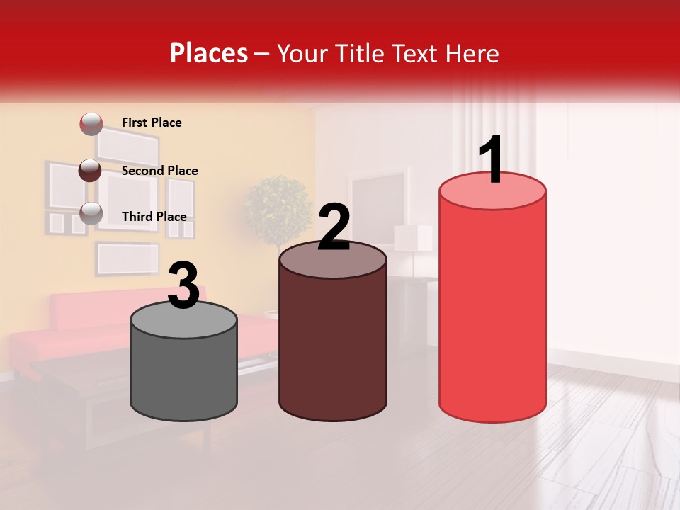 A Living Room With Yellow Walls And A Red Couch PowerPoint Template