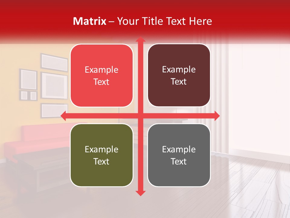 A Living Room With Yellow Walls And A Red Couch PowerPoint Template