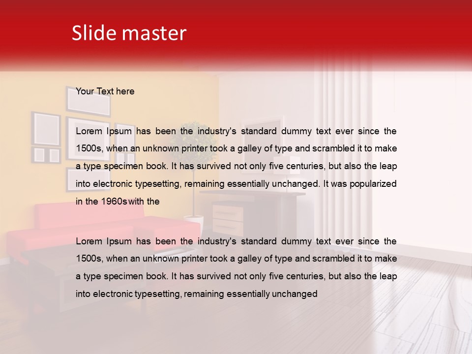 A Living Room With Yellow Walls And A Red Couch PowerPoint Template