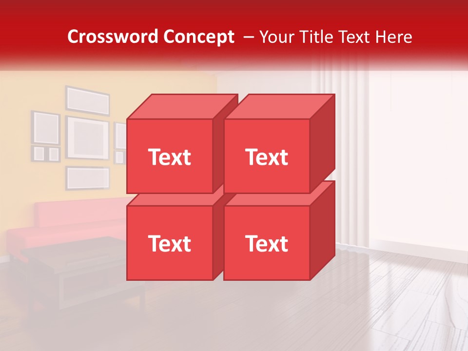 A Living Room With Yellow Walls And A Red Couch PowerPoint Template