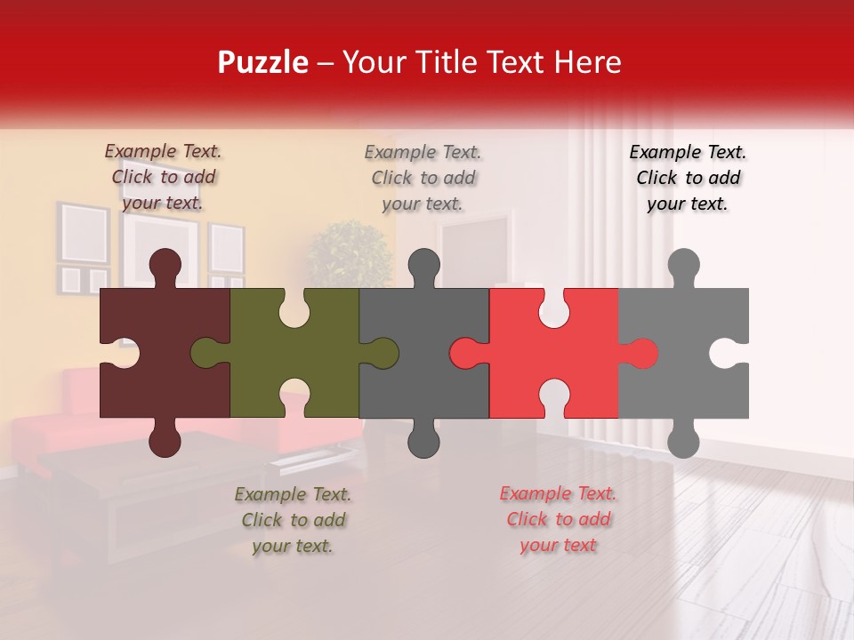 A Living Room With Yellow Walls And A Red Couch PowerPoint Template