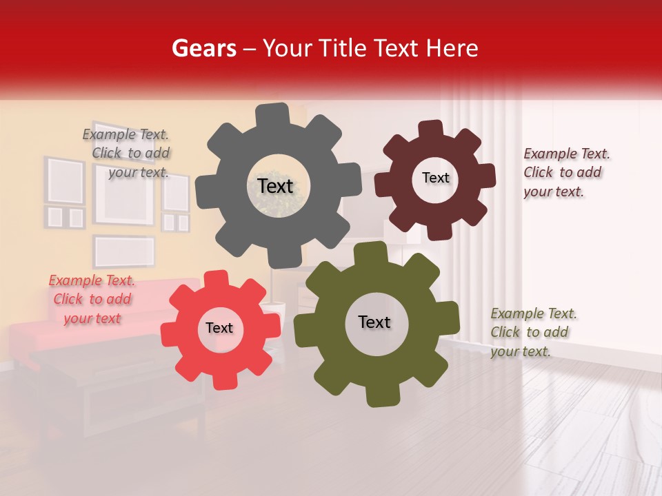 A Living Room With Yellow Walls And A Red Couch PowerPoint Template