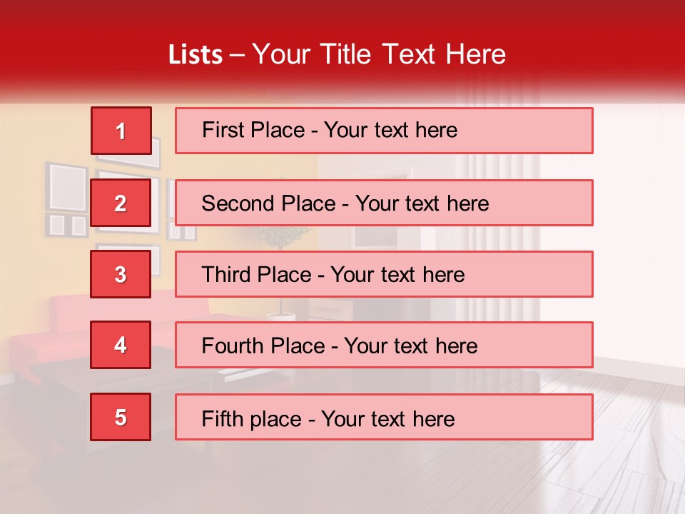 A Living Room With Yellow Walls And A Red Couch PowerPoint Template