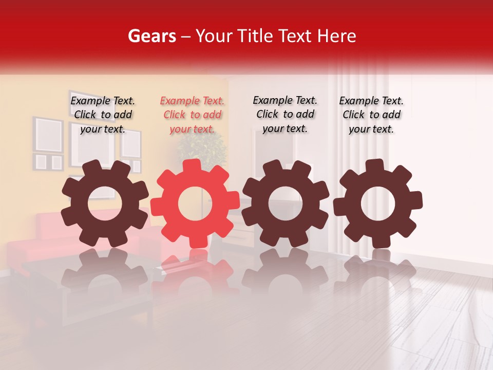 A Living Room With Yellow Walls And A Red Couch PowerPoint Template