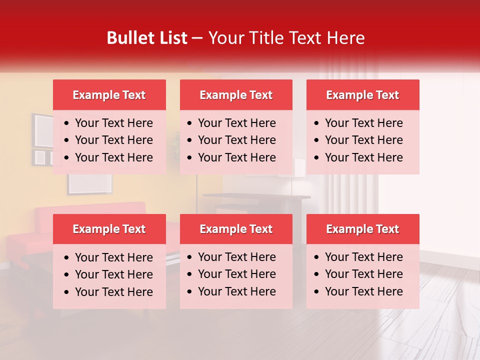 A Living Room With Yellow Walls And A Red Couch PowerPoint Template