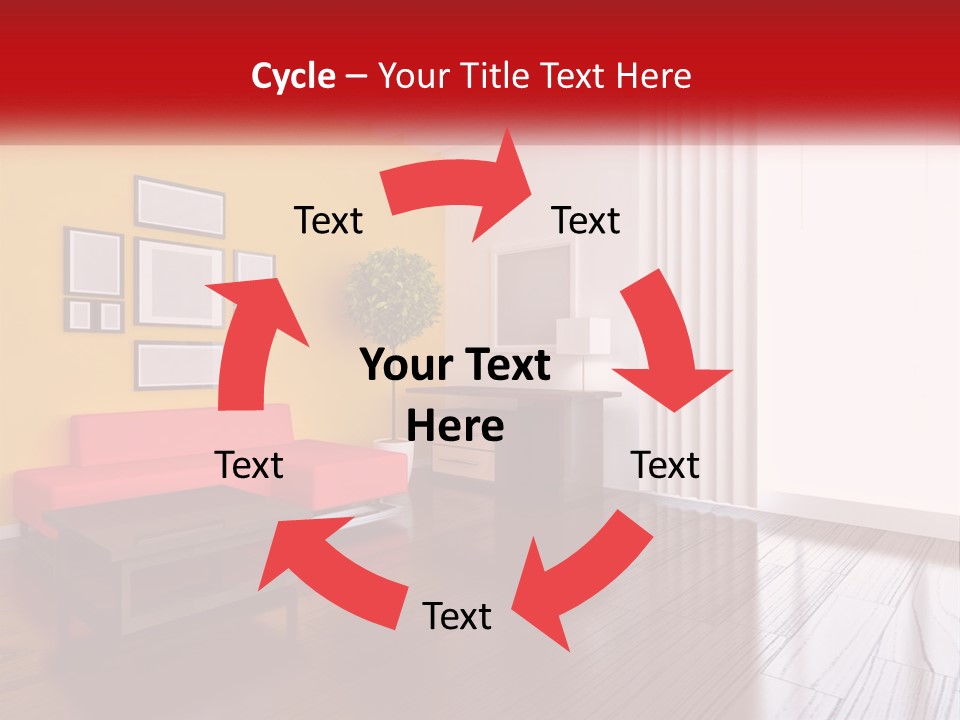 A Living Room With Yellow Walls And A Red Couch PowerPoint Template