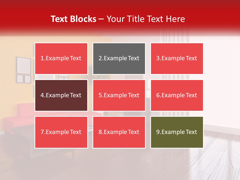 A Living Room With Yellow Walls And A Red Couch PowerPoint Template