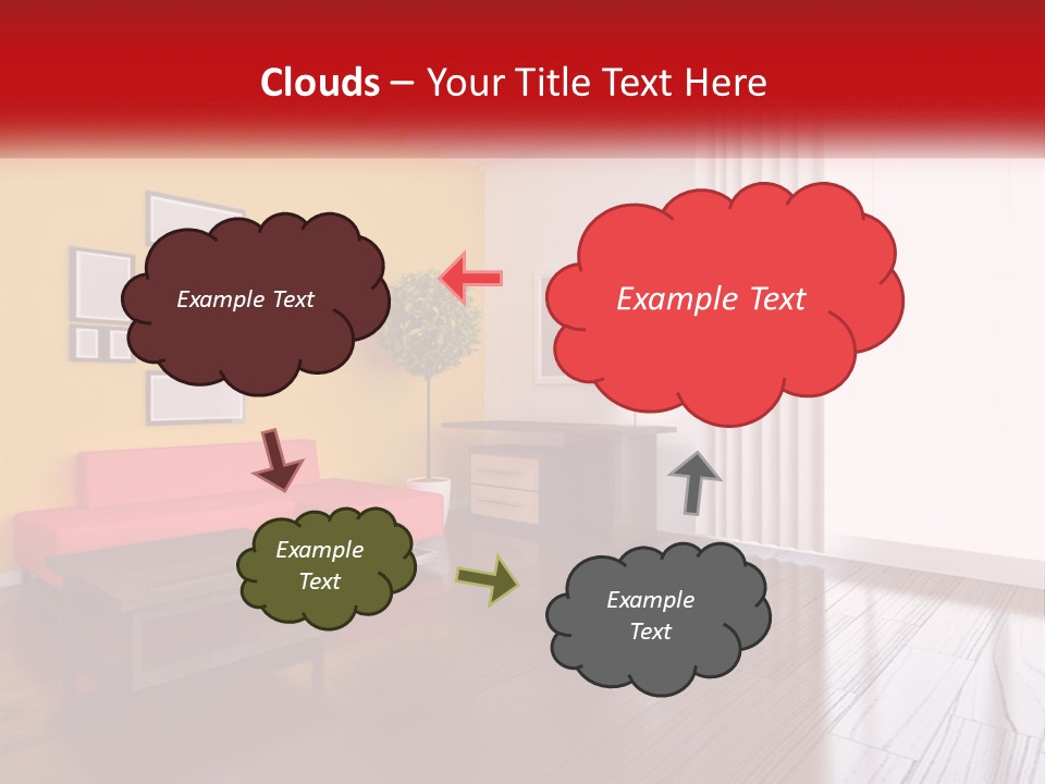 A Living Room With Yellow Walls And A Red Couch PowerPoint Template