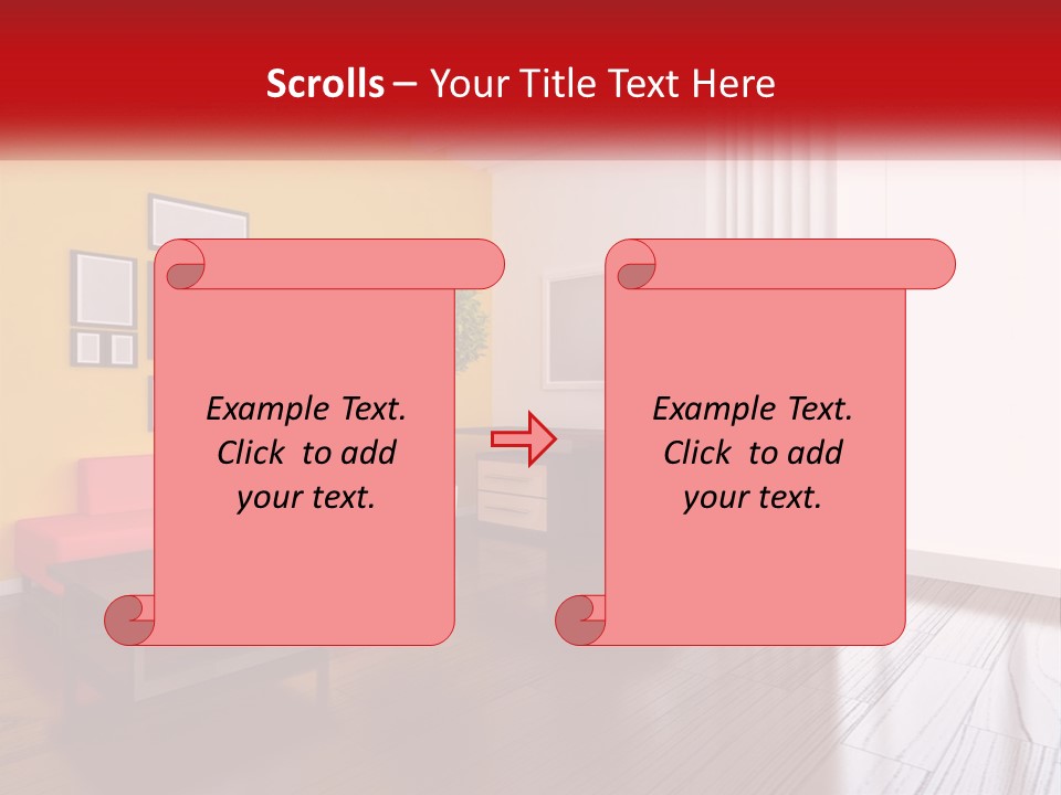 A Living Room With Yellow Walls And A Red Couch PowerPoint Template