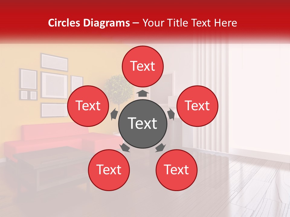 A Living Room With Yellow Walls And A Red Couch PowerPoint Template