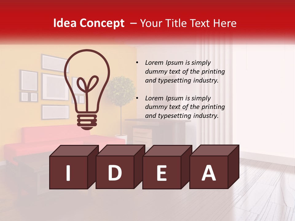 A Living Room With Yellow Walls And A Red Couch PowerPoint Template