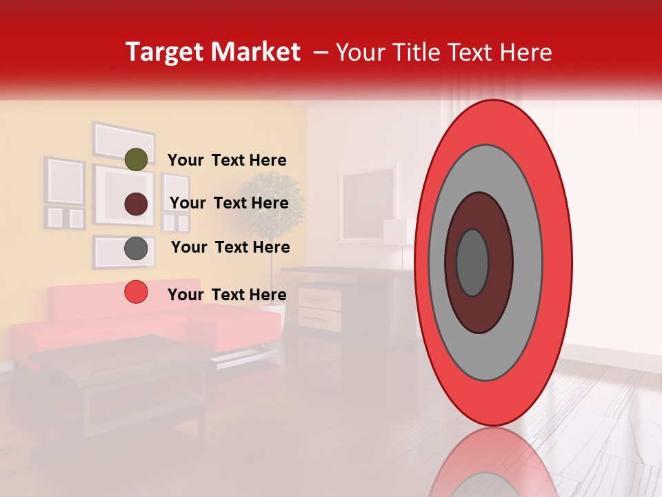 A Living Room With Yellow Walls And A Red Couch PowerPoint Template