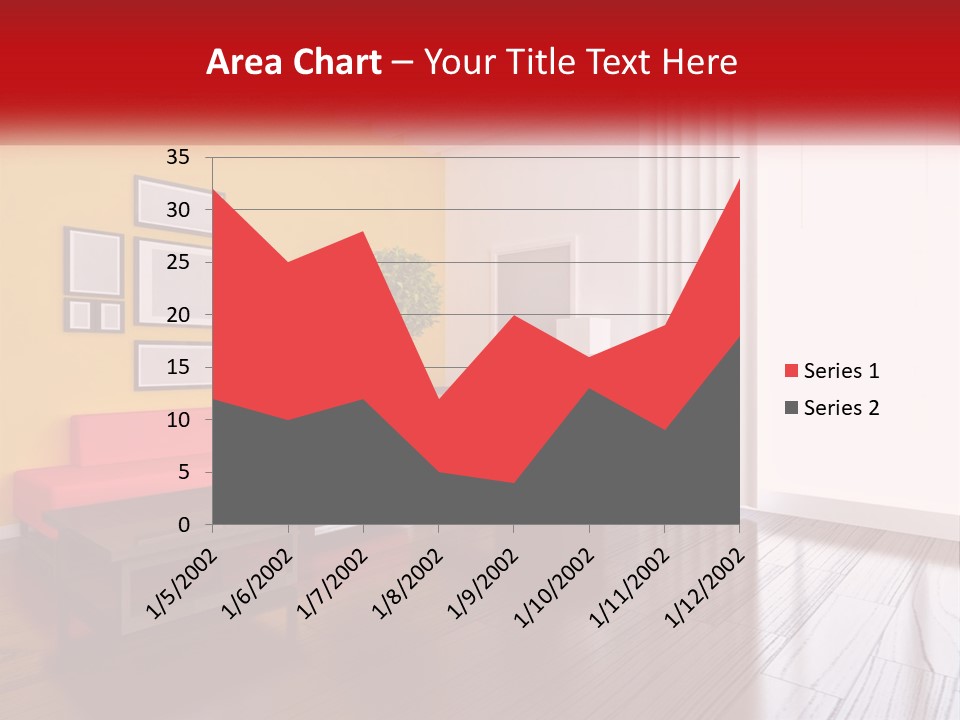 A Living Room With Yellow Walls And A Red Couch PowerPoint Template