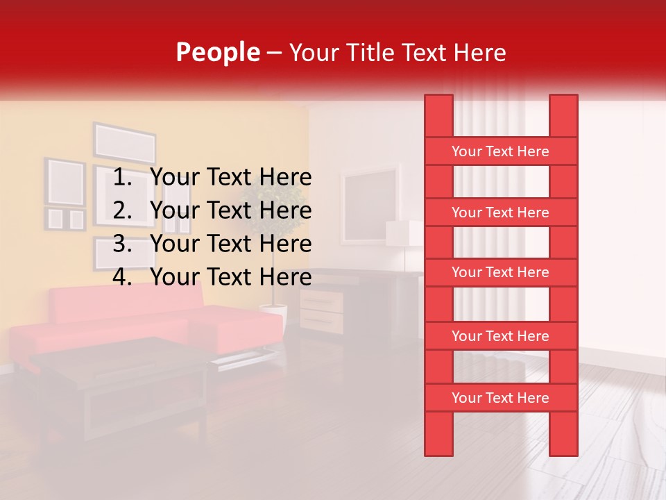 A Living Room With Yellow Walls And A Red Couch PowerPoint Template