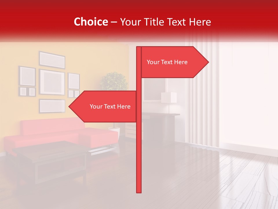A Living Room With Yellow Walls And A Red Couch PowerPoint Template
