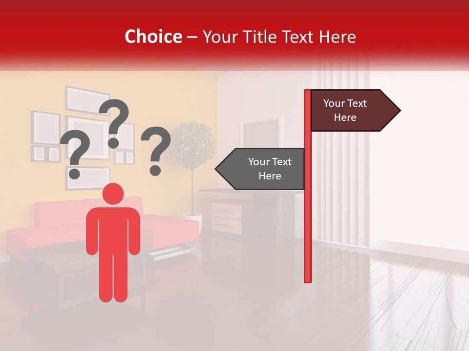 A Living Room With Yellow Walls And A Red Couch PowerPoint Template