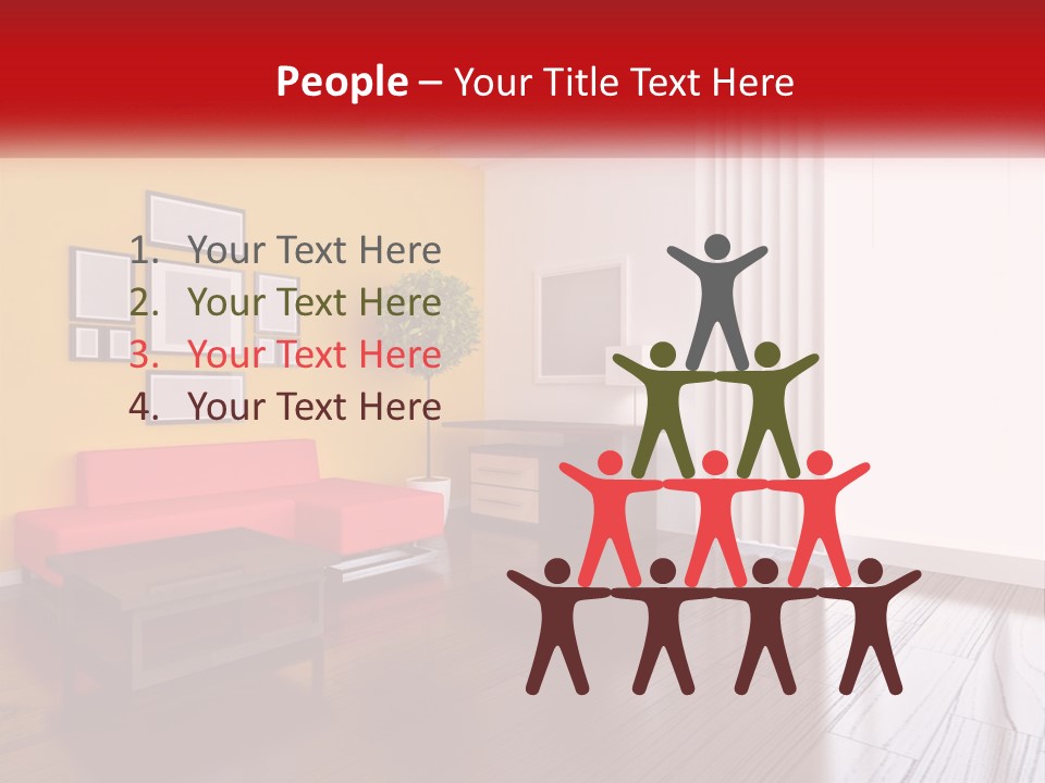 A Living Room With Yellow Walls And A Red Couch PowerPoint Template