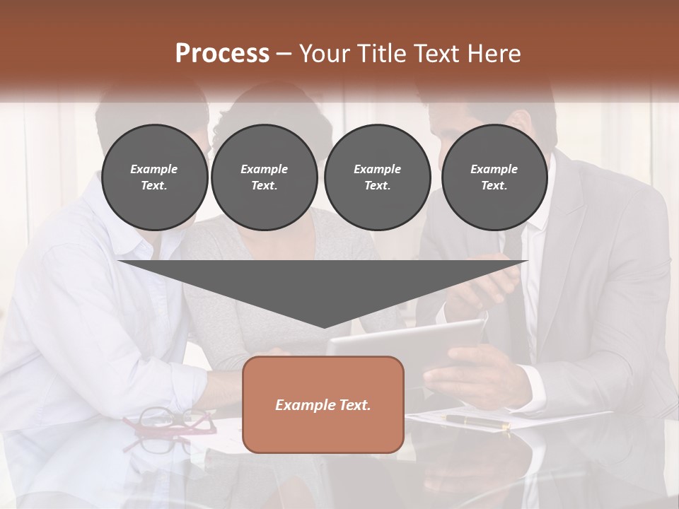 A Group Of People Sitting Around A Table Looking At A Tablet PowerPoint Template