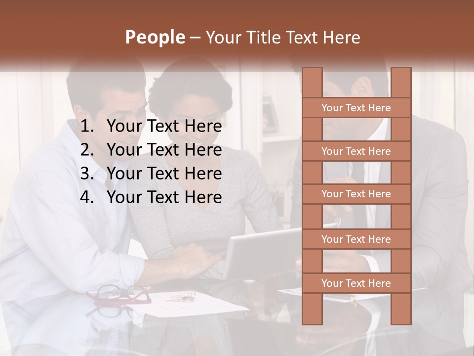 A Group Of People Sitting Around A Table Looking At A Tablet PowerPoint Template