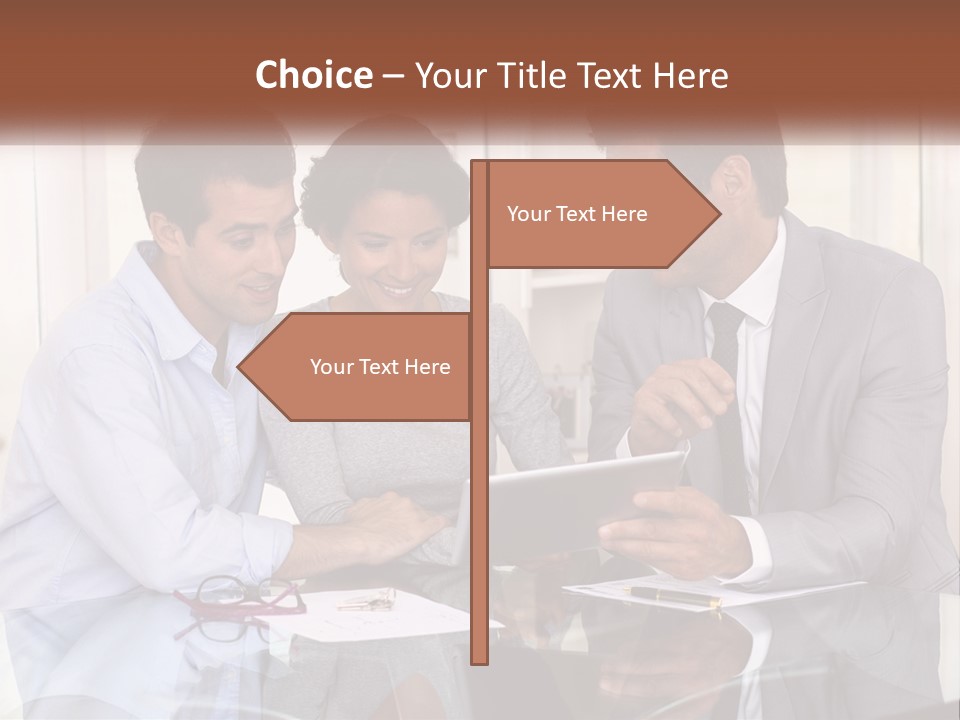 A Group Of People Sitting Around A Table Looking At A Tablet PowerPoint Template