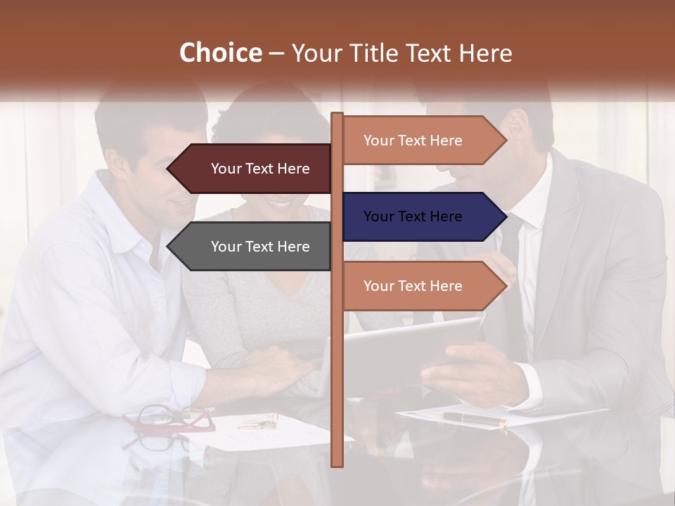 A Group Of People Sitting Around A Table Looking At A Tablet PowerPoint Template