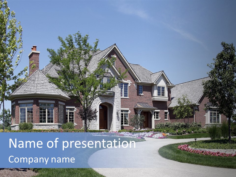 A Large House With A Driveway And Trees In Front Of It PowerPoint Template