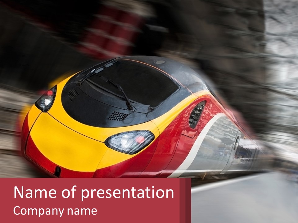 A Red And Yellow Train Traveling Down Train Tracks PowerPoint Template