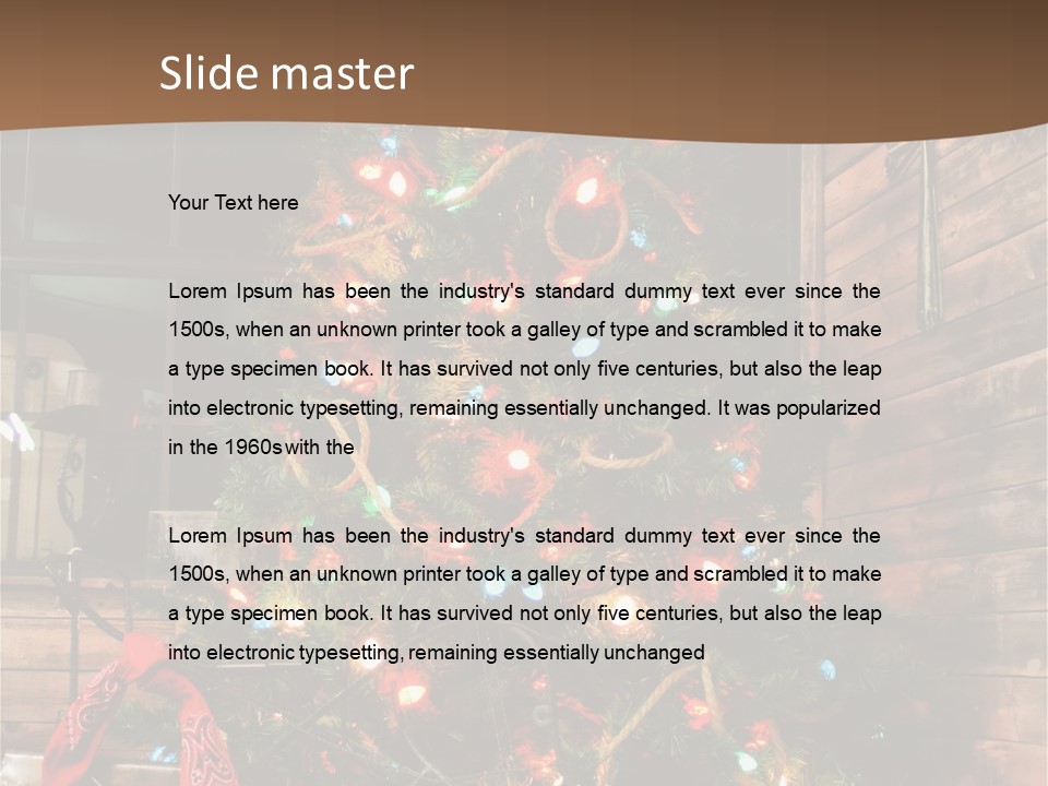 A Christmas Tree With Lights On It In Front Of A Window PowerPoint Template