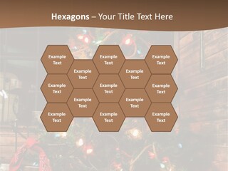 A Christmas Tree With Lights On It In Front Of A Window PowerPoint Template