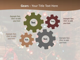 A Christmas Tree With Lights On It In Front Of A Window PowerPoint Template