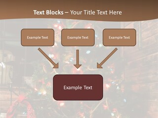 A Christmas Tree With Lights On It In Front Of A Window PowerPoint Template
