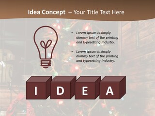 A Christmas Tree With Lights On It In Front Of A Window PowerPoint Template