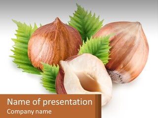 A Group Of Nuts With Leaves On A White Background PowerPoint Template