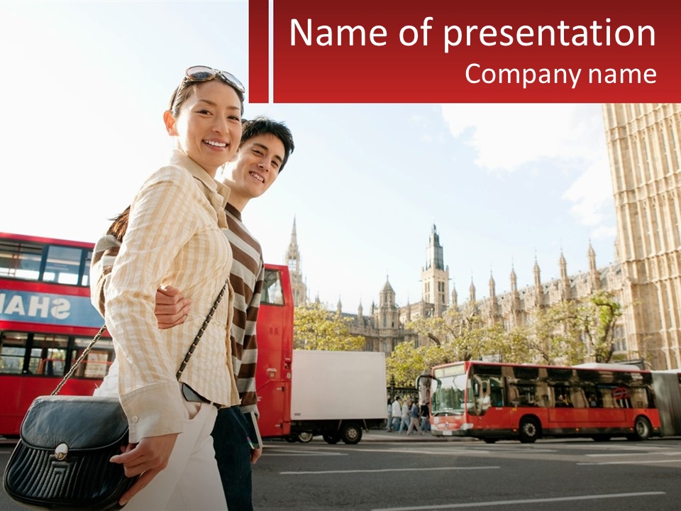 A Man And A Woman Standing In Front Of A Red Double Decker Bus PowerPoint Template