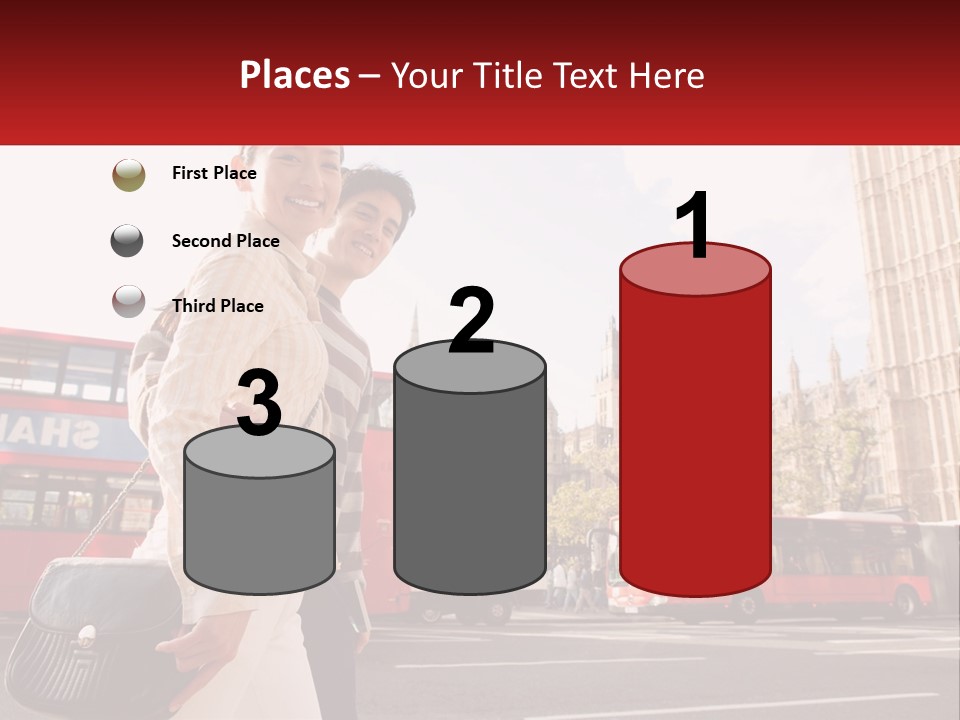 A Man And A Woman Standing In Front Of A Red Double Decker Bus PowerPoint Template