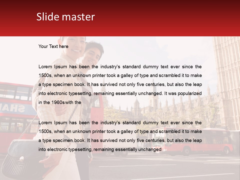 A Man And A Woman Standing In Front Of A Red Double Decker Bus PowerPoint Template