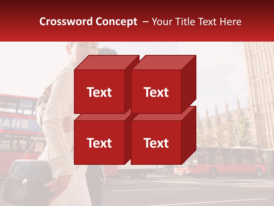 A Man And A Woman Standing In Front Of A Red Double Decker Bus PowerPoint Template