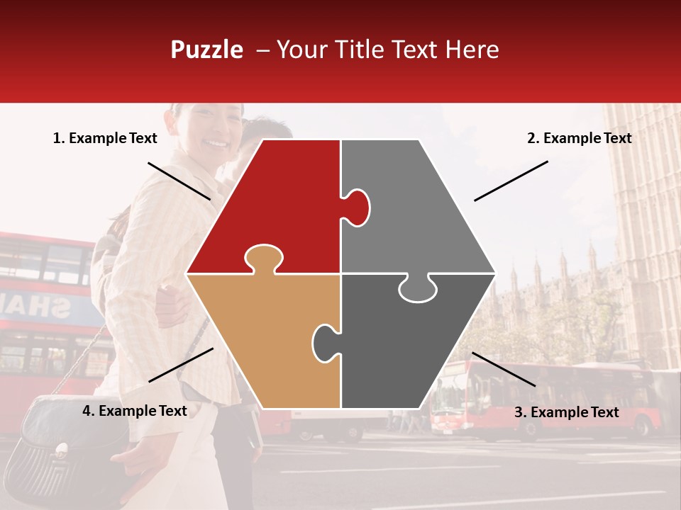 A Man And A Woman Standing In Front Of A Red Double Decker Bus PowerPoint Template